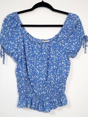 The General Good Blue Floral Smocked Hem Puff Sleeve Top